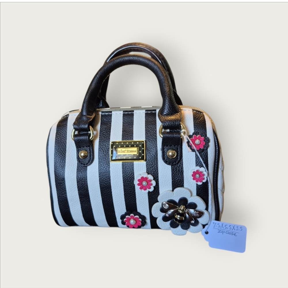 Betsey Johnson Black and White Striped Satchel with Pink Floral Accents EUC